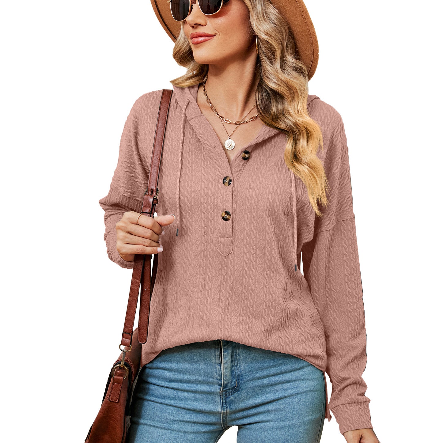 Women's Solid Color Buttons Long Sleeve Hooded Sweaters