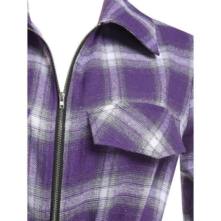 Women's Mid-length Plaid Zipper Waist Long-sleeved Shirt Blouses