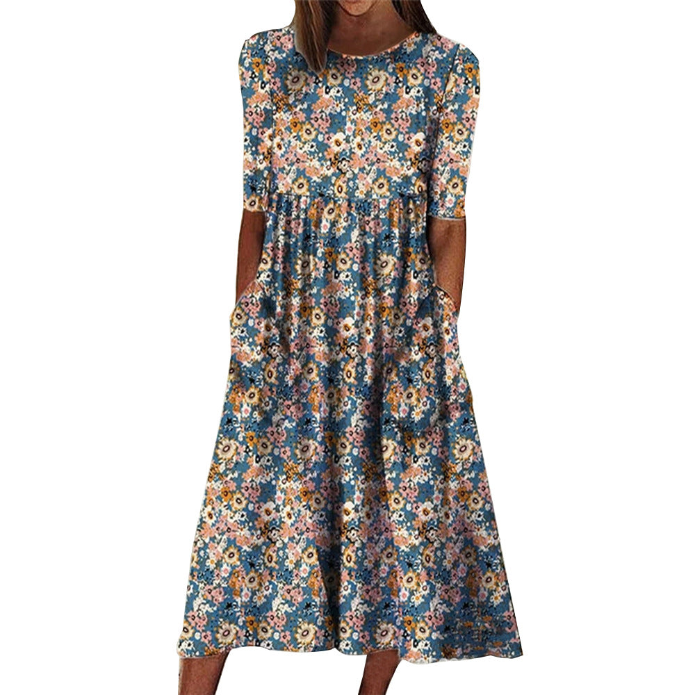 Damen Sommerkleid mit Blumenmuster und lockeren Taschen