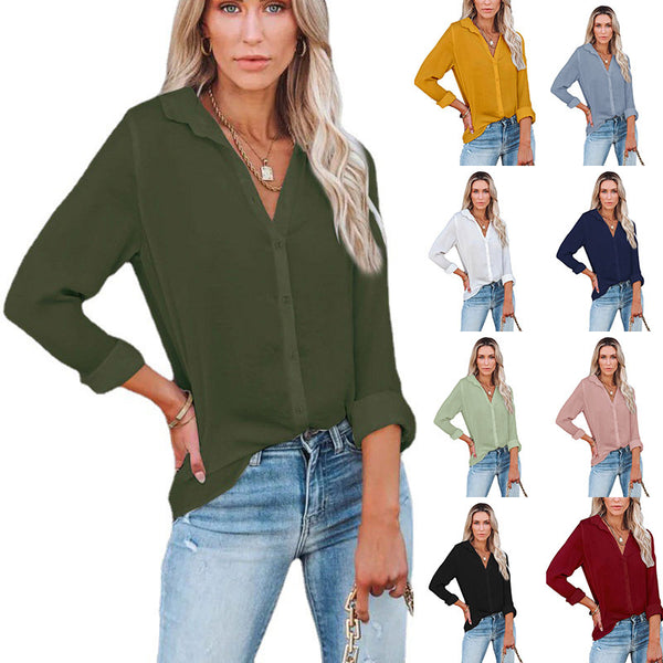 Women's Casual Loose Long Sleeve Button V-neck Blouses