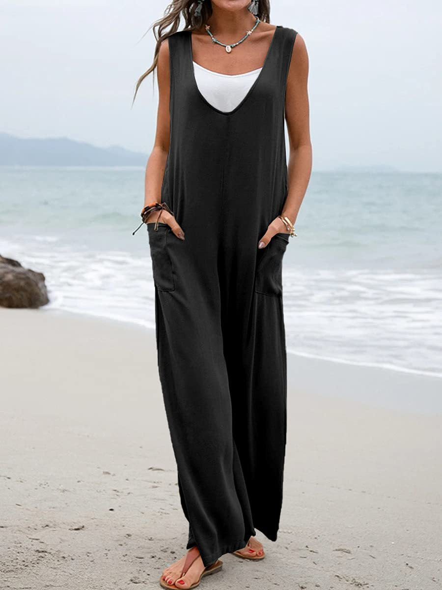 Women's Summer Pure Color Stickers Bags V-neck Wide Jumpsuits