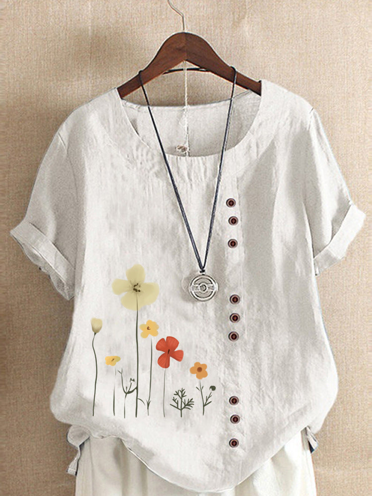 Women's Summer Cotton And Linen Printing Elegant Blouses