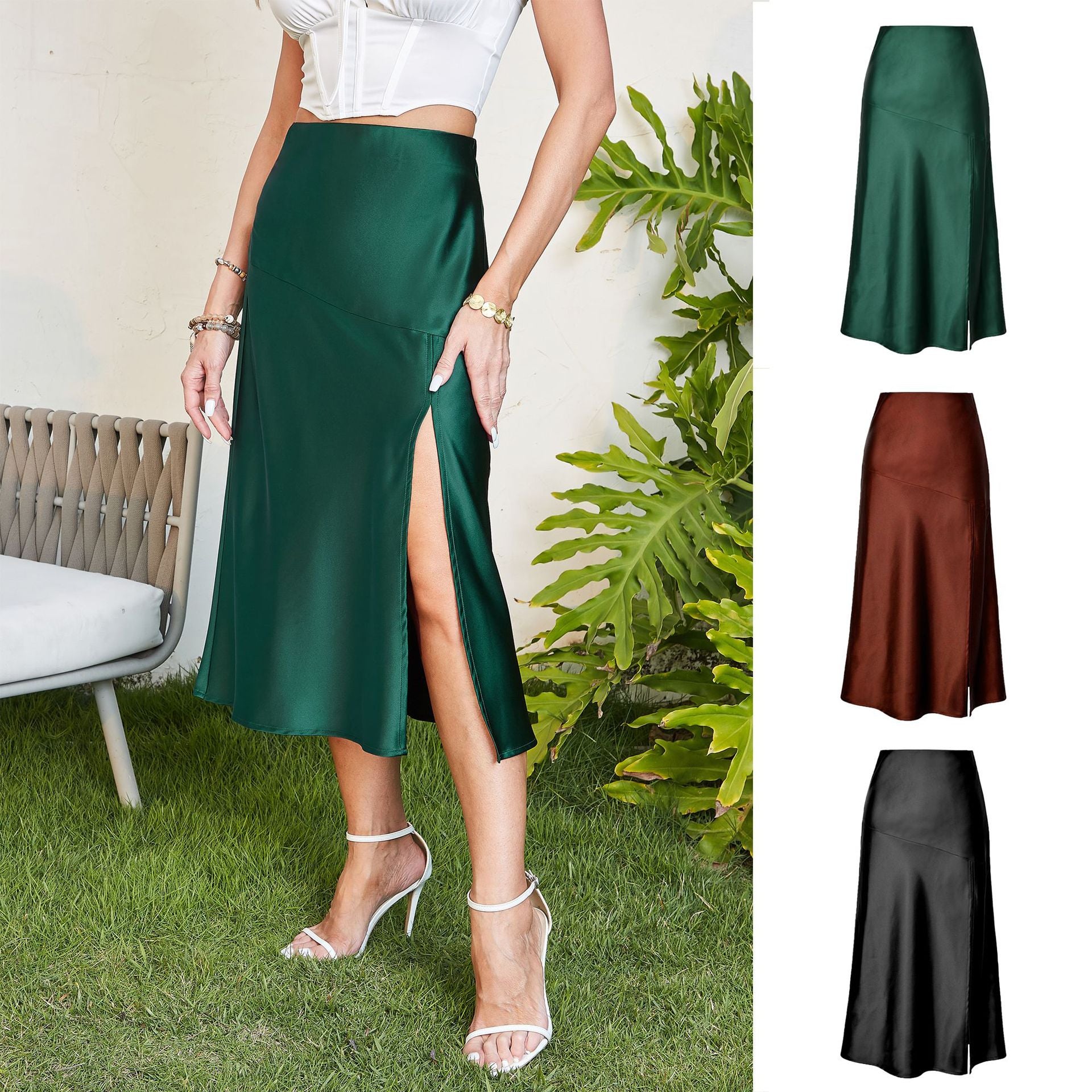 Women's Satin High-end Silky Pure Color Split Long Skirts