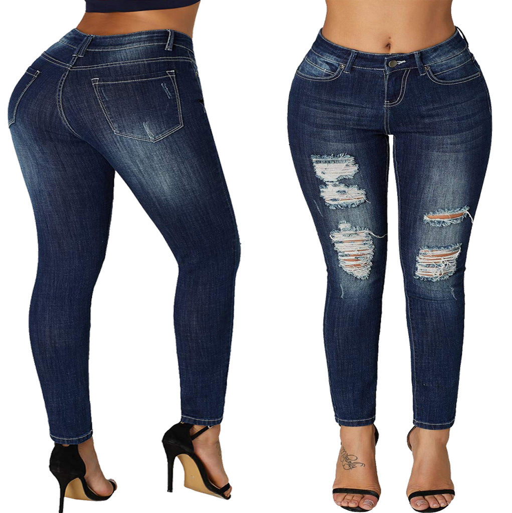 Sexy Personalized Ripped Washed Slim Stretch Jeans