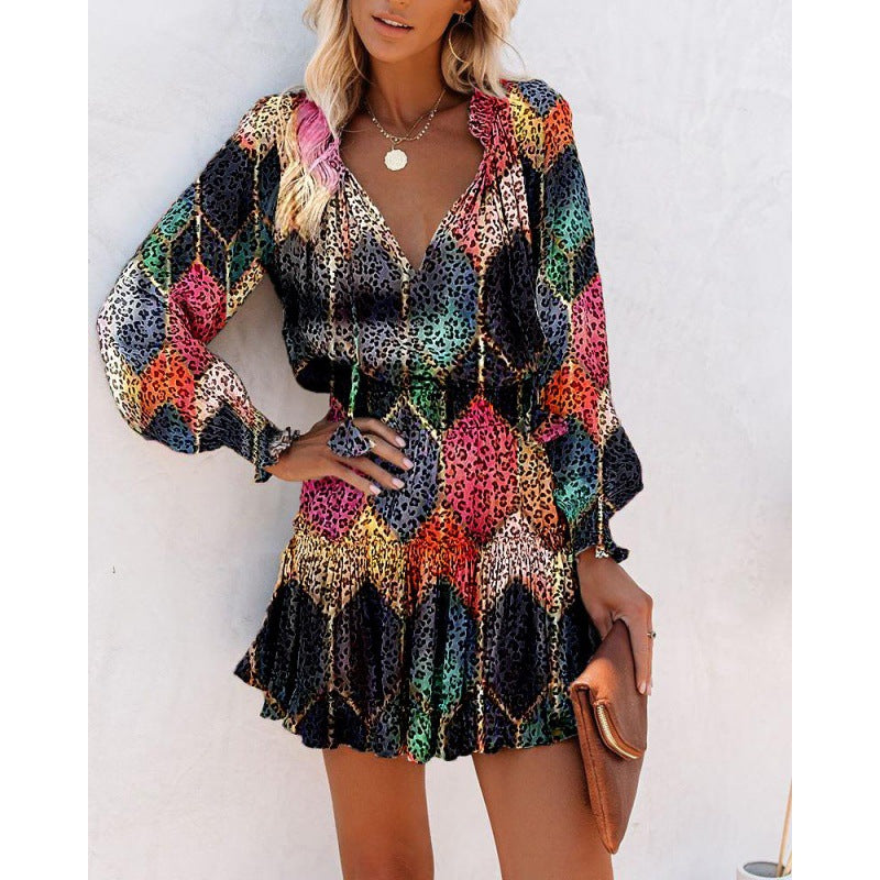 Beautiful Long Sleeve V-neck Printed Waist-controlled Dresses