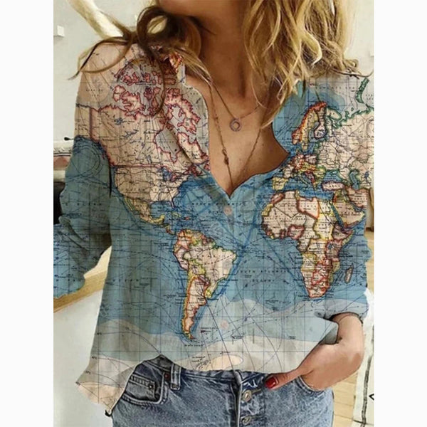 Women's Casual Map Printed Long-sleeved Shirt Blouses