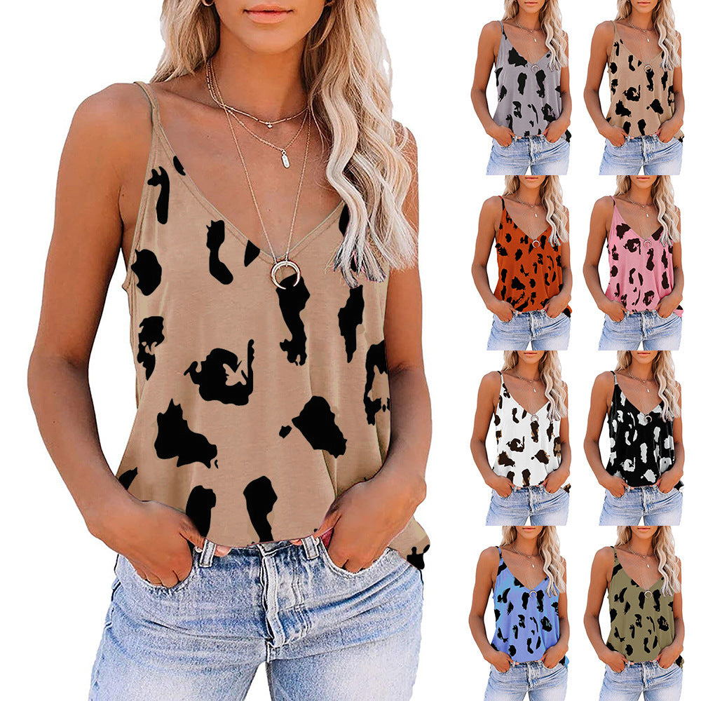 Women's Summer Sexy Sleeveless Camisole V-neck Leopard Print Tops