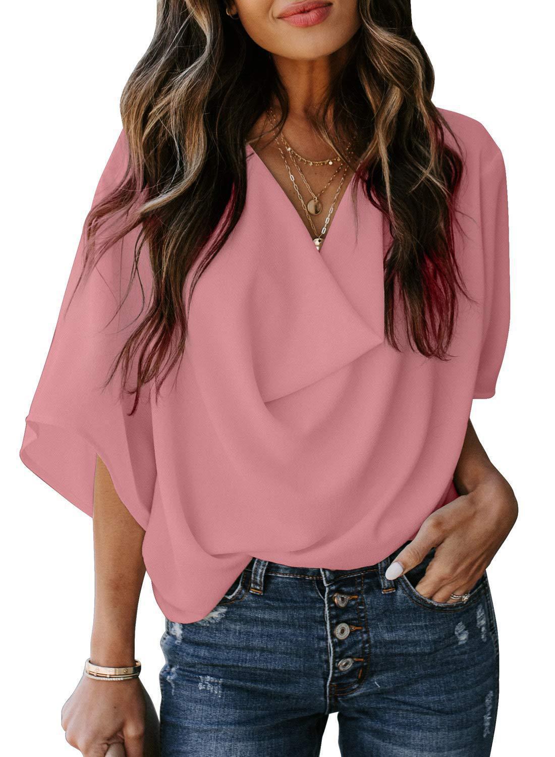 Women's Chiffon Loose V-neck Casual T-shirt Shirt Blouses