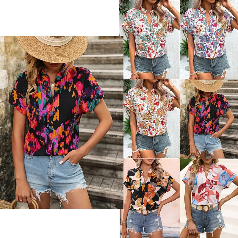 Women's Summer Painted Color Printing V-neck Short-sleeved Blouses