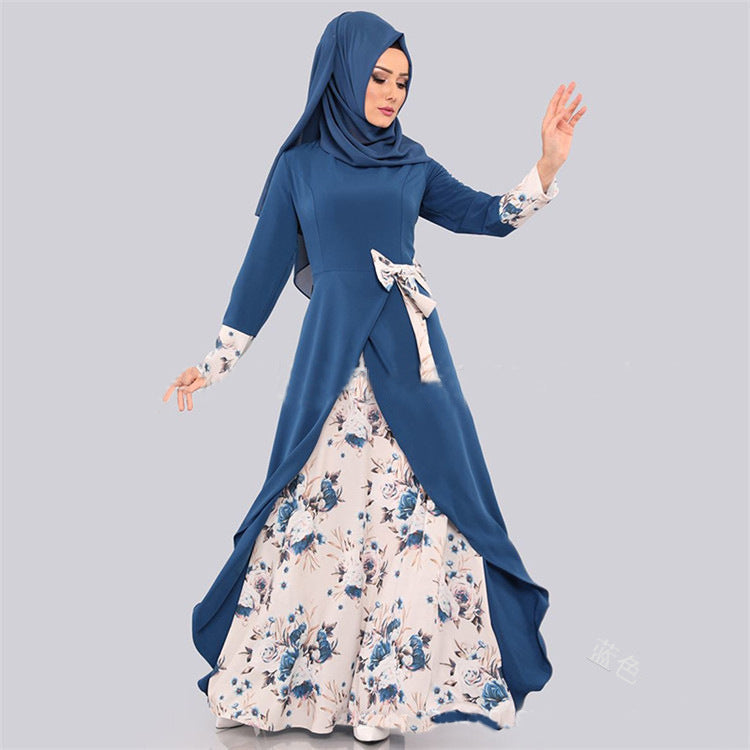 Muslim Long Sleeve Dress Multi-color Printed Loose Waist Dresses