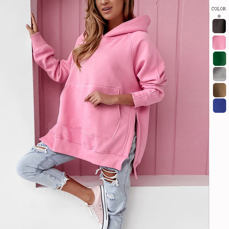 Women's Color Long Sleeve Side Slit Hooded Sweaters