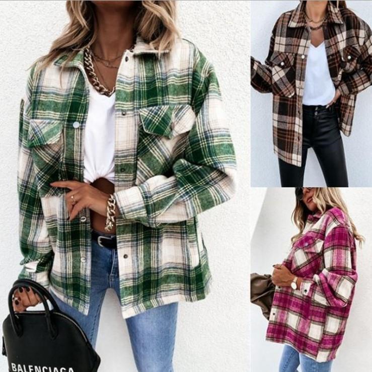 Women's Stylish Long-sleeved Shirt Plaid Single-breasted Coats