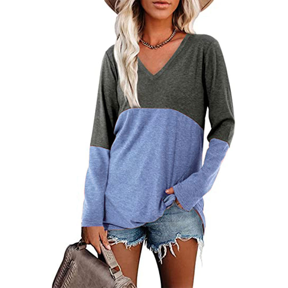 Women's Color Patchwork V-neck Long Sleeve Loose-fitting Blouses