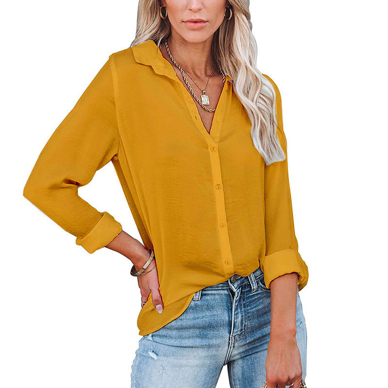 Women's Casual Loose Long Sleeve Button V-neck Blouses