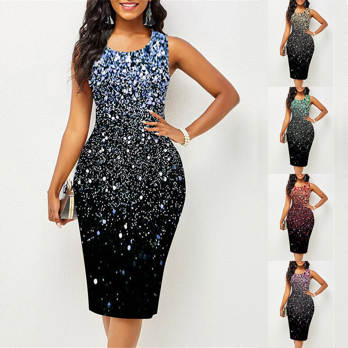 Women's Starry Sky Print Round Neck Sleeveless Dresses