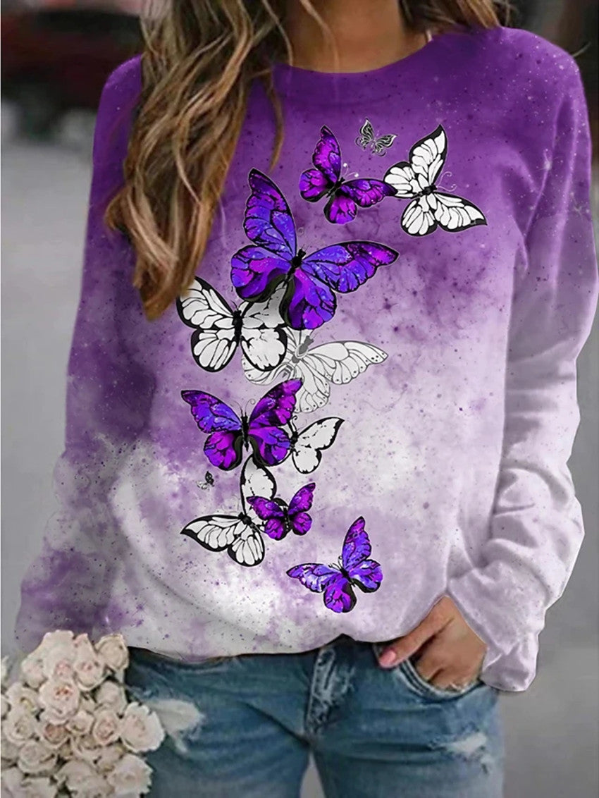 Women's Floral Butterfly Animal Print Round Neck Long Blouses