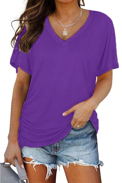 Women's Summer Shirt V-neck Solid Color Short-sleeved Blouses
