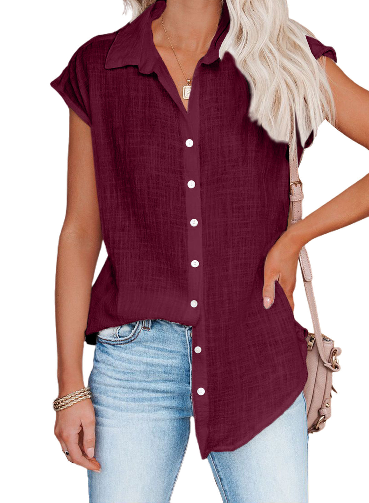 Damen Sommer einfarbiges einreihiges Hemd Casual Tops