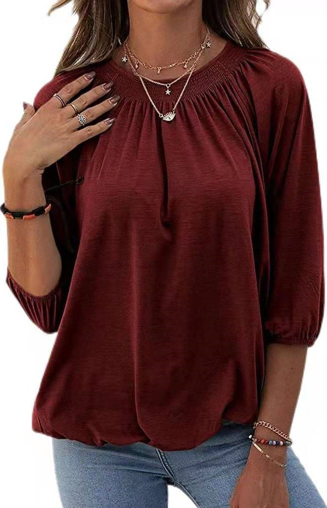Women's Spring Solid Color Loose Round T-shirt Blouses