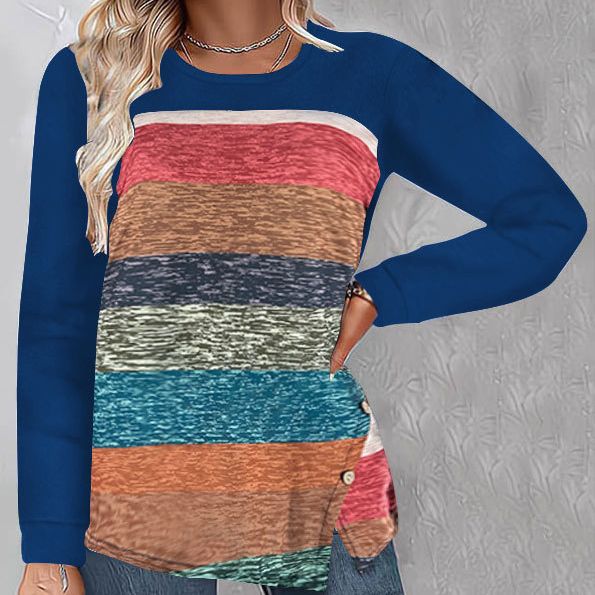 Women's Neck Hem Irregular Mixed Color Stripe Button Long Sleeve Blouses