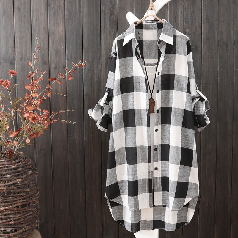 Women's Mid-length Large Loose Slimming Fashionable Plaid Blouses