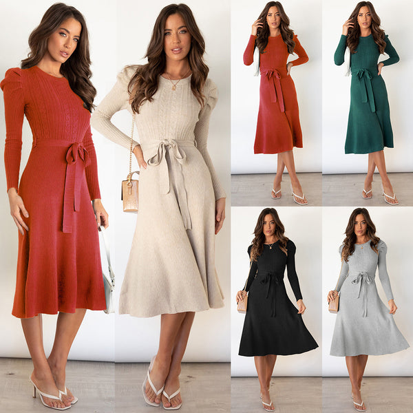 Long Sleeve Knitted Mid-length Elegant Slimming High Waist Big Dresses