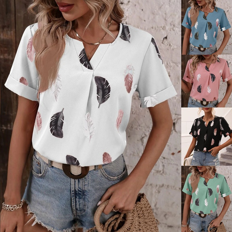 Women's Summer V-neck Feather Print Sleeve Loose Blouses