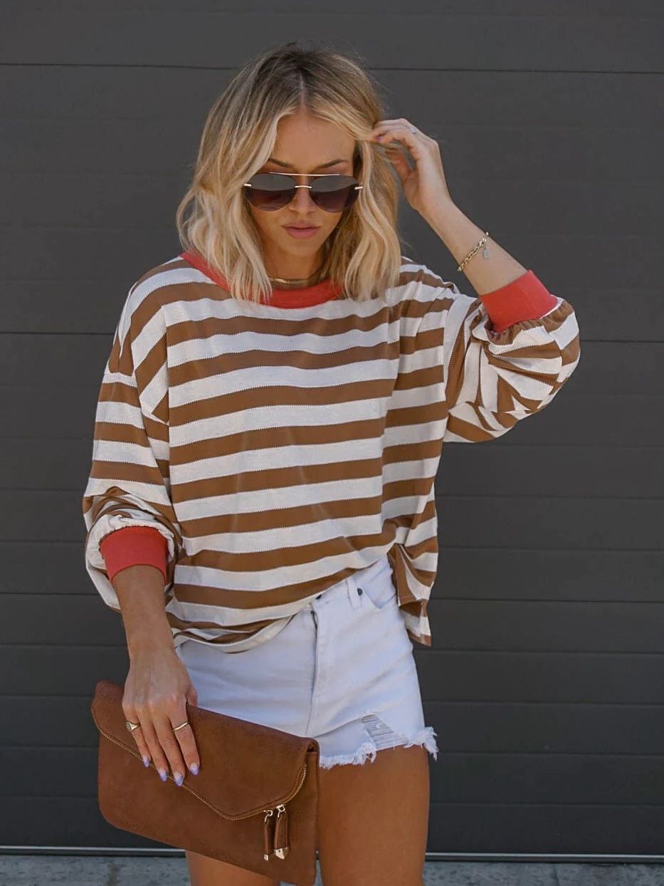 Long-sleeved Striped T-shirt Round Neck Loose Blouses