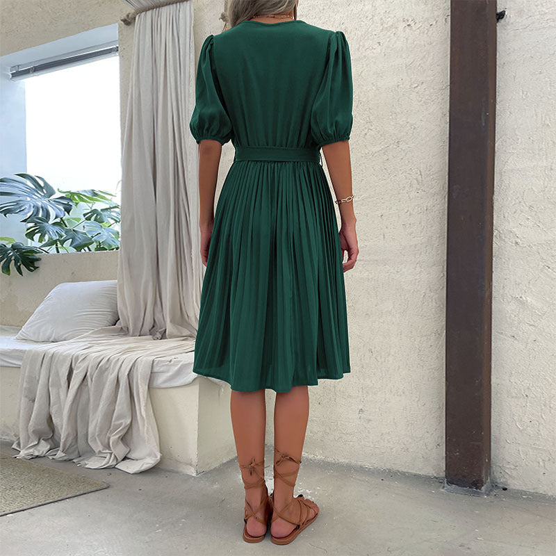 Women's Wear Summer Tied V-neck Green Pleated Dresses