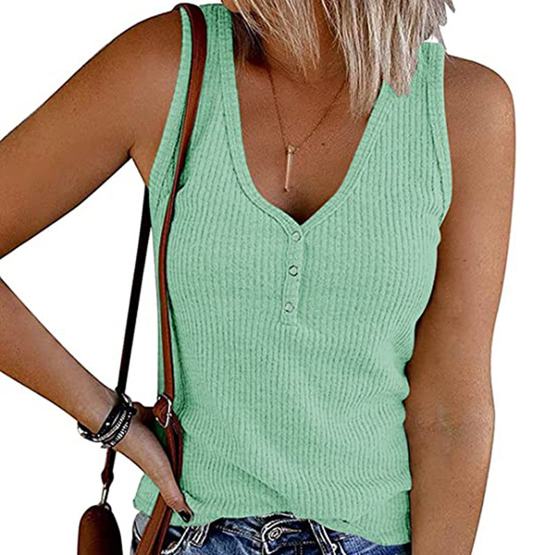 Women's Summer Breasted Knitted Solid Color V-neck Tops