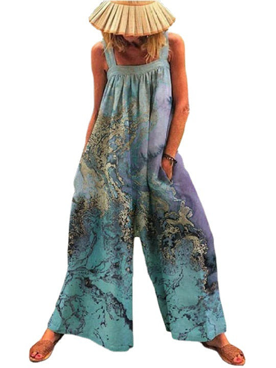 Women's Summer Large Printed Loose Wide Leg Jumpsuits