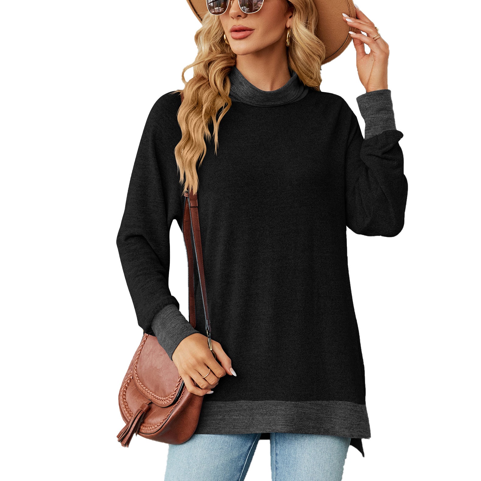 Women's Contrast Color Scarf Loose Long Sleeve Blouses