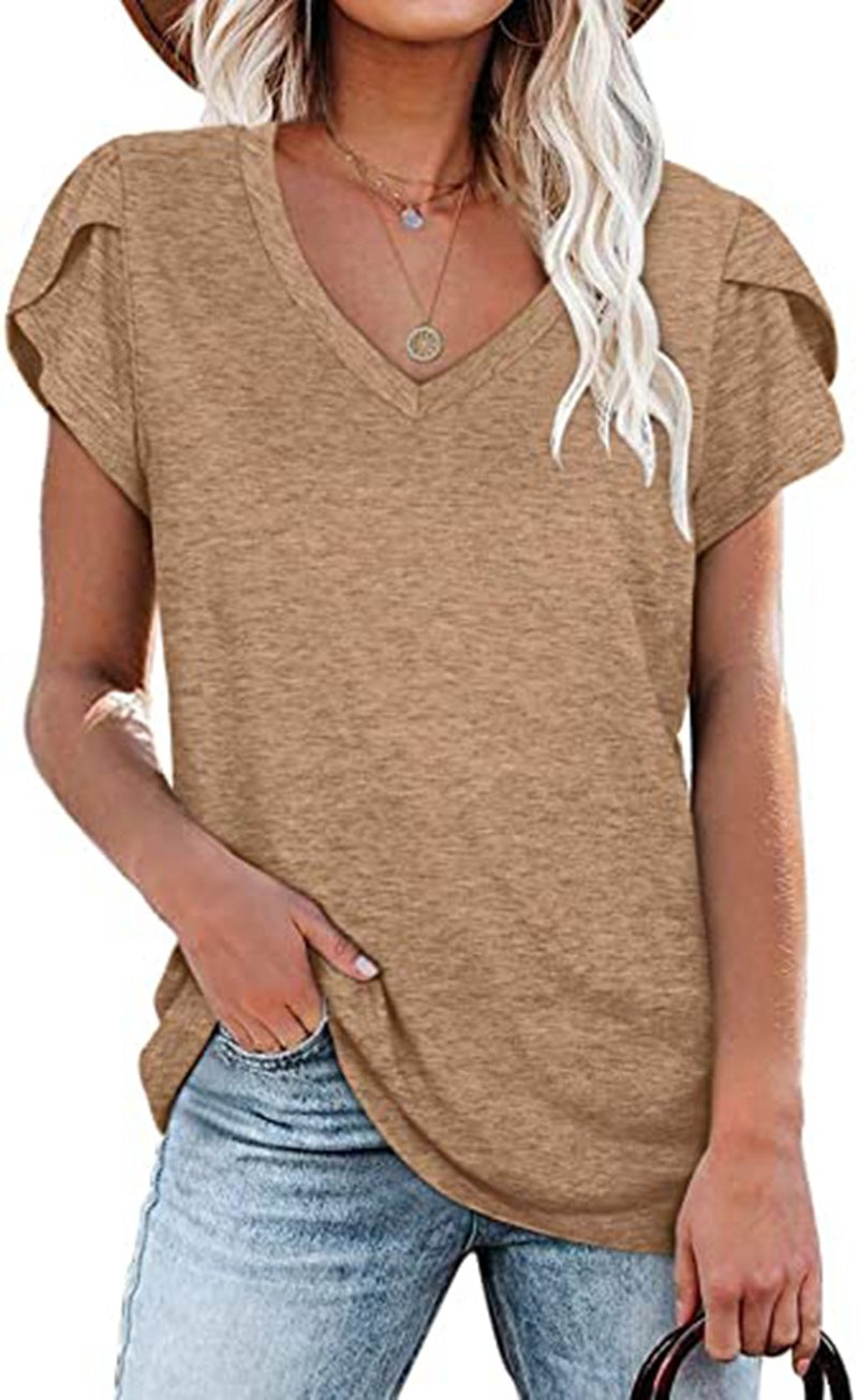 Women's Solid Color V-neck Sleeve T-shirt Blouses