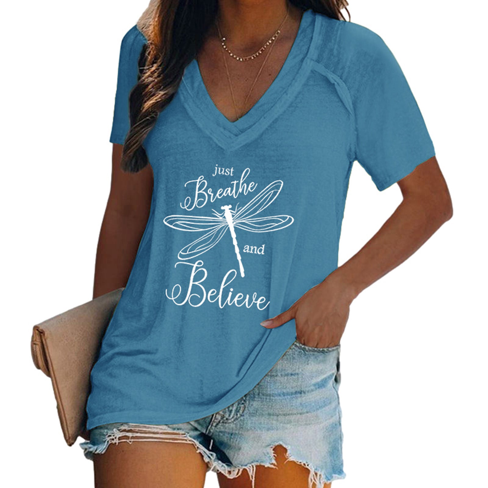 Women's Summer V-neck Short-sleeved Letter Dragonfly Printed Blouses