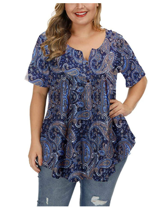 Women's Stylish Graceful V-neck Buttons Printed Blouses