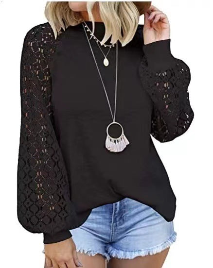 Women's Round Neck Lace Stitching Loose Long Blouses