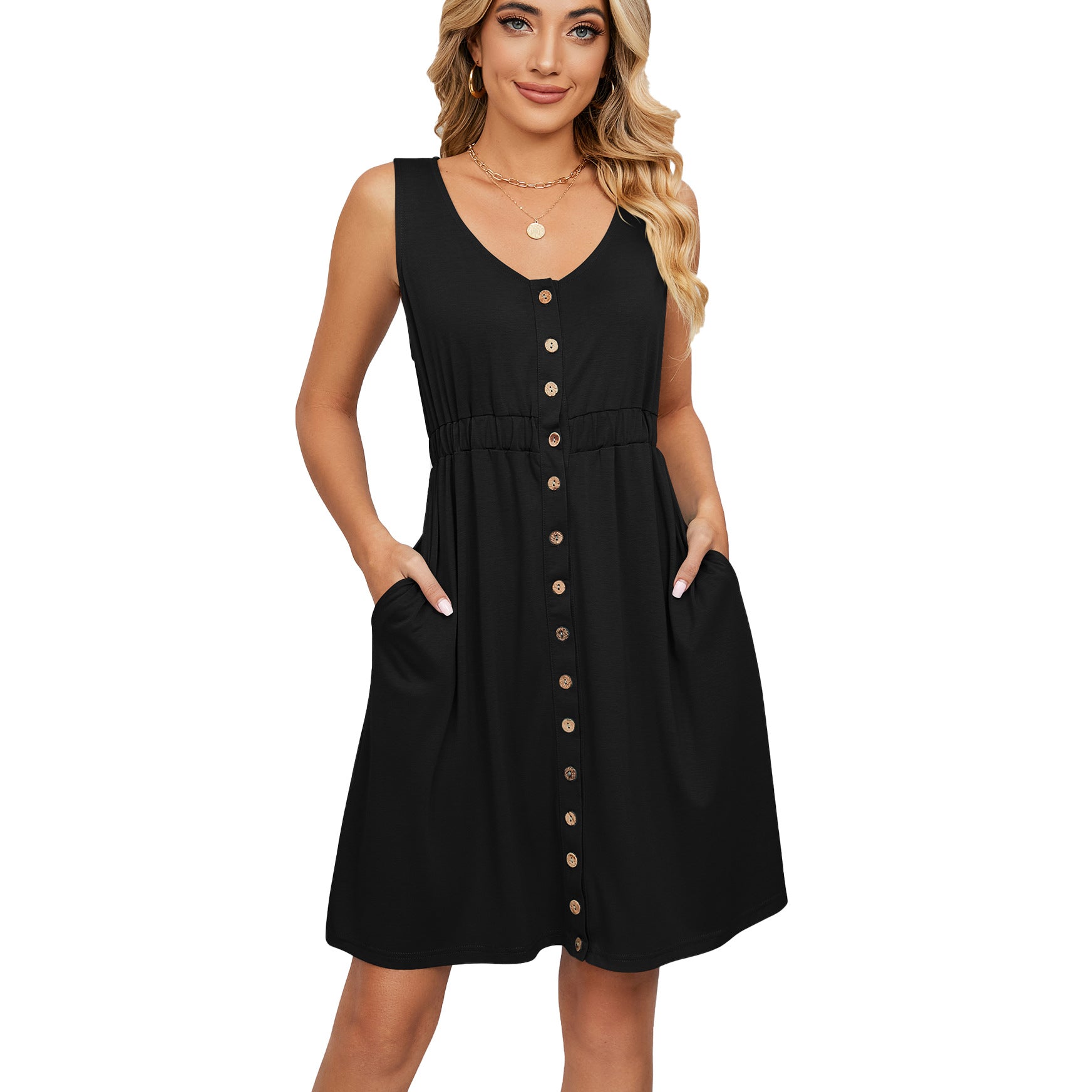 Solid Color Sleeveless Button Pocket Crew Dresses