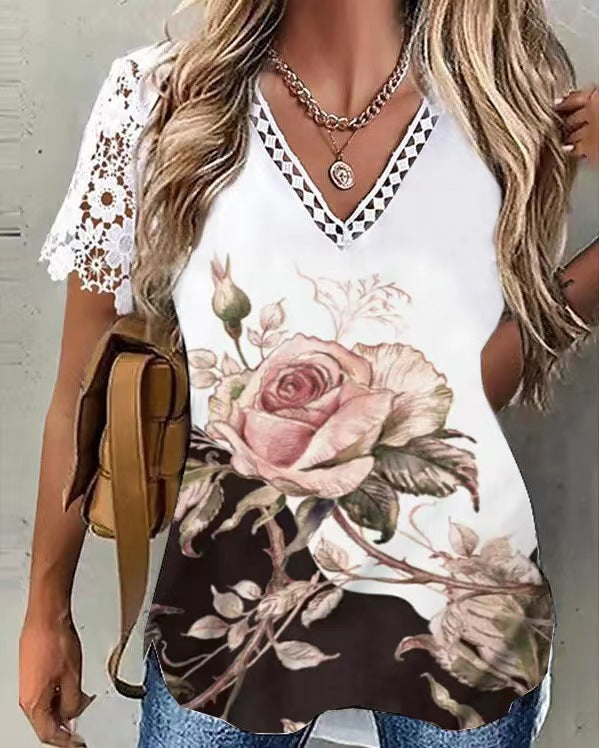 Women's Summer Sleeve Stitching Printing V-neck T-shirts Blouses