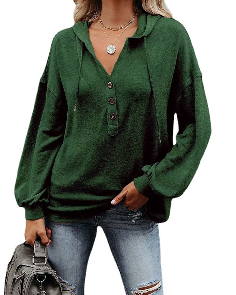 Women's V-neck Long Sleeve Loose-fitting Casual Buckle Drawstring Sweaters