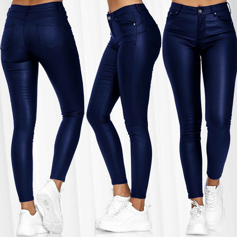 Women's Waist Pure Color Leather Casual Skinny Pants