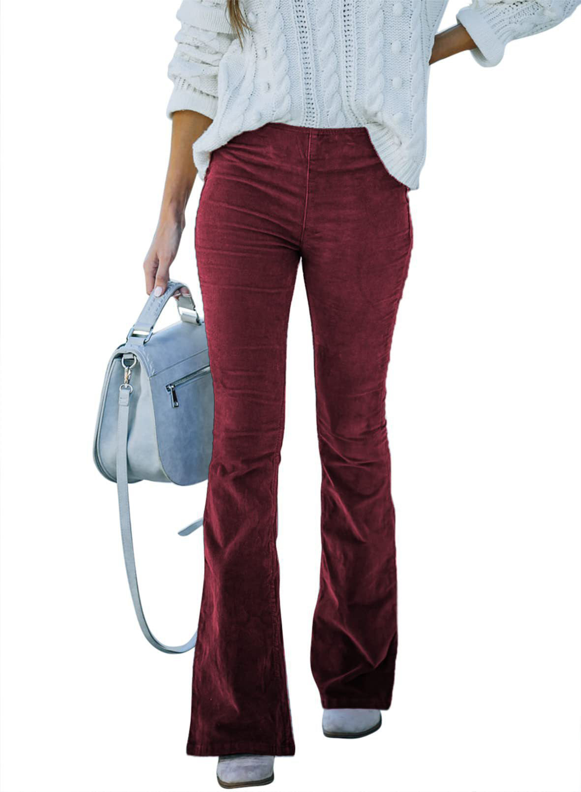 Women's Solid Color High Waist Slim-fit Flared Corduroy Pants