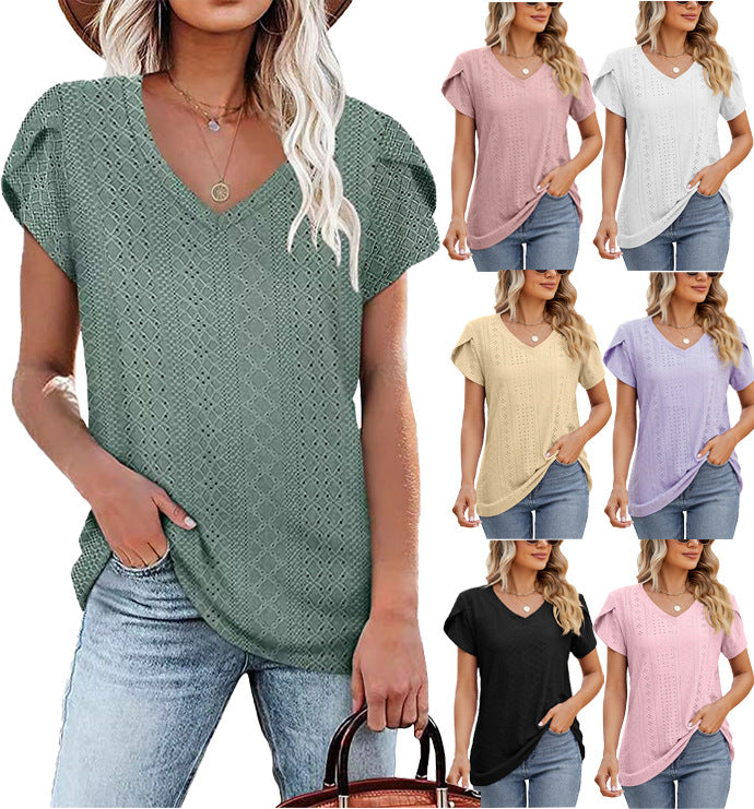 Women's Solid Color V-neck Tile Sleeve Loose Blouses