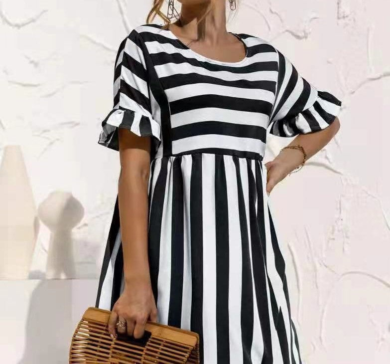 Women's Ruffled Sleeves Striped Patchwork Pocket Casual Dresses