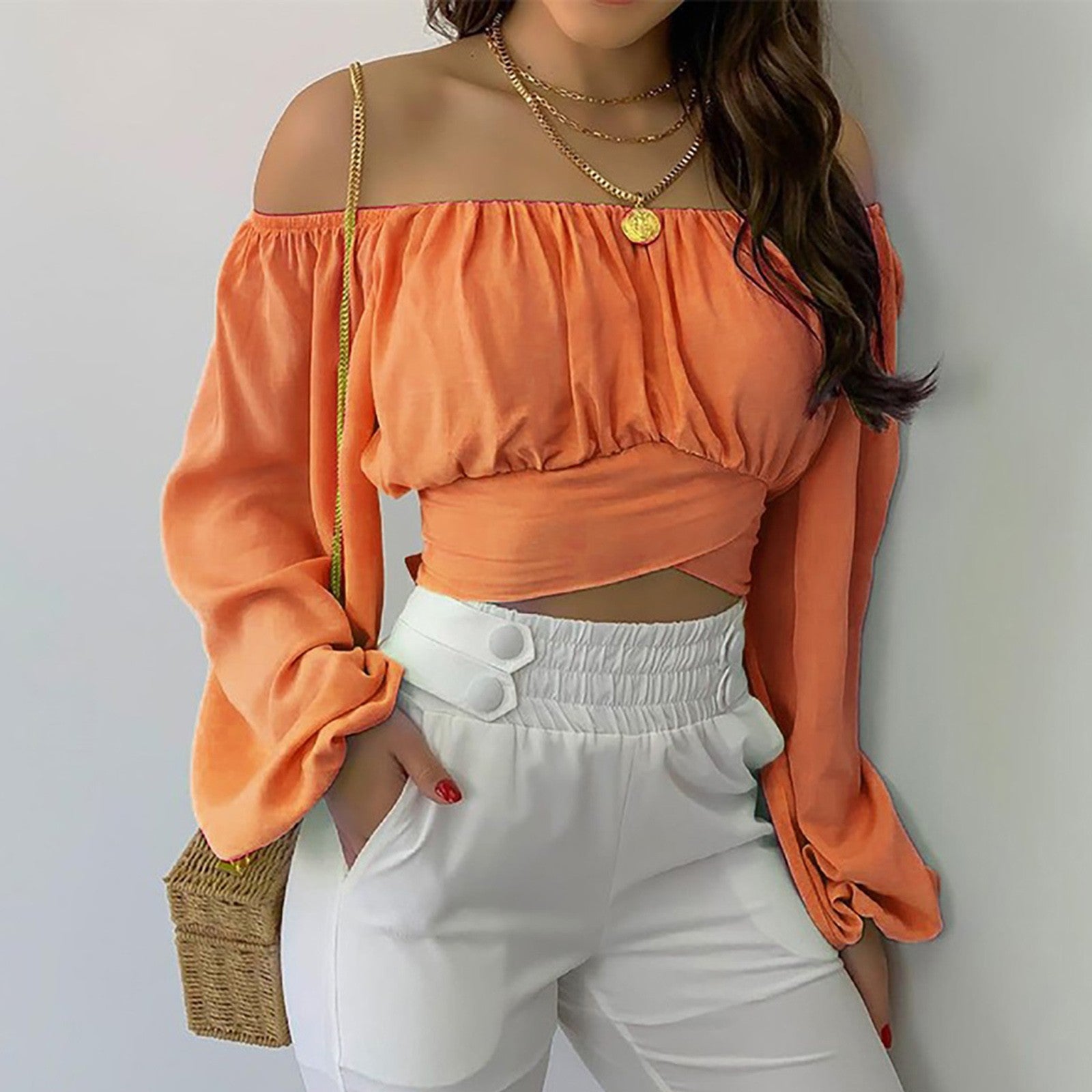 Women's Off-shoulder Cross Tied Long Sleeves Blouses