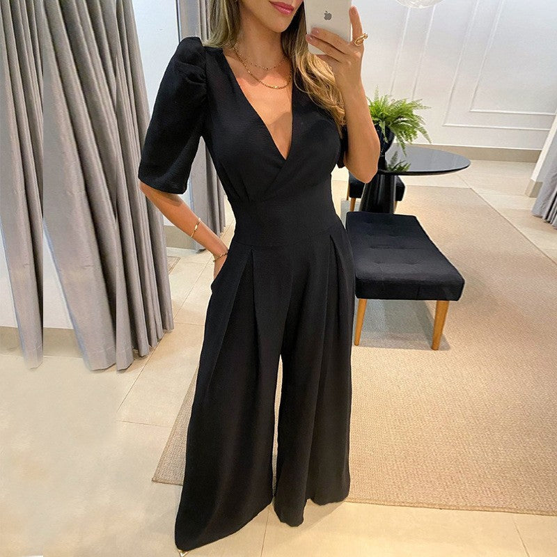 Women's Leisure V-neck Lace-up High Waist Puff Sleeve Suits