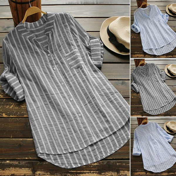 Women's Spring Casual V-neck Striped Three-quarter Sleeve Blouses