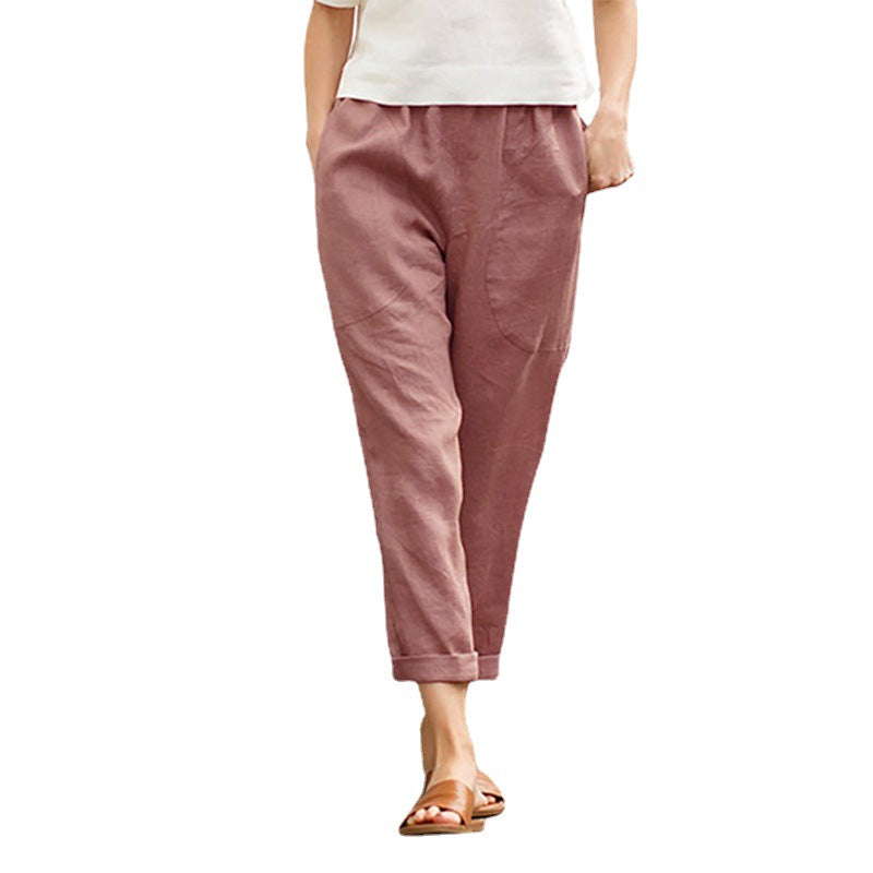 Women's Large Pocket Pure Color Comfort Cotton Linen Casual Pants
