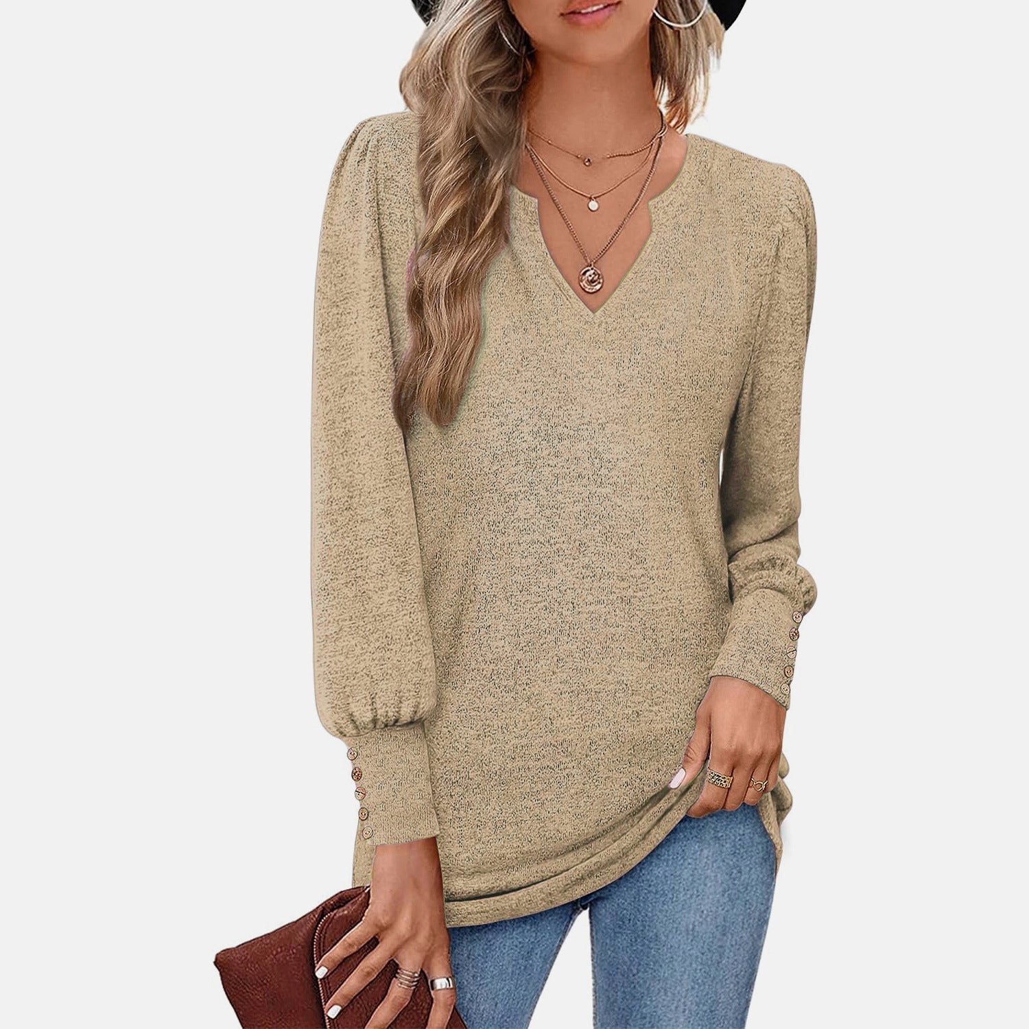 Women's Casual Waist Puff Sleeve Button Long Tops