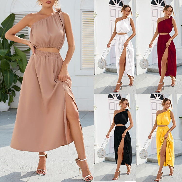 Women's Fashion Shoulder Bow Dress Two-piece Set Suits