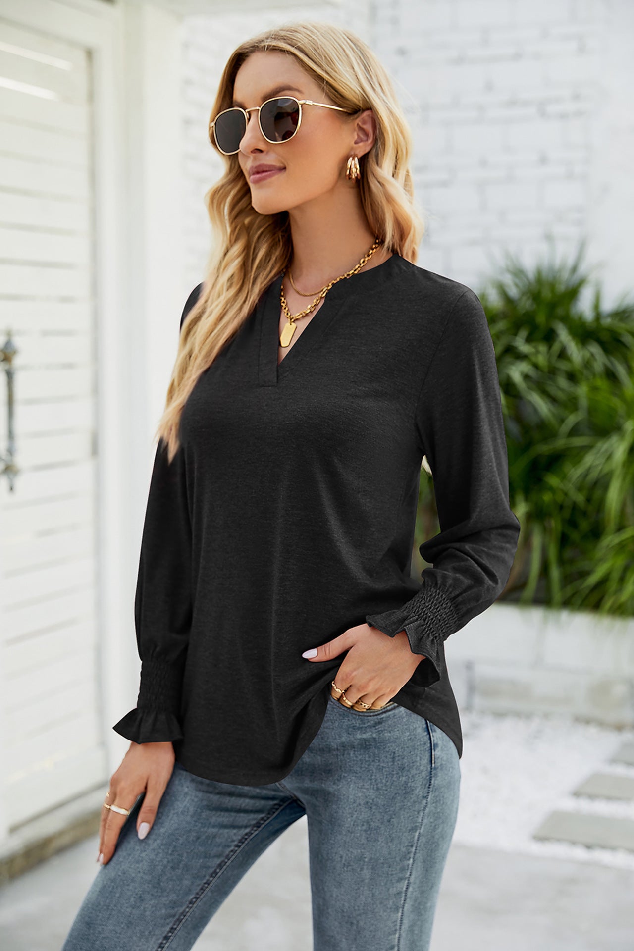 Women's Casual V-neck Solid Color Ruffle Sleeve Loose Tops